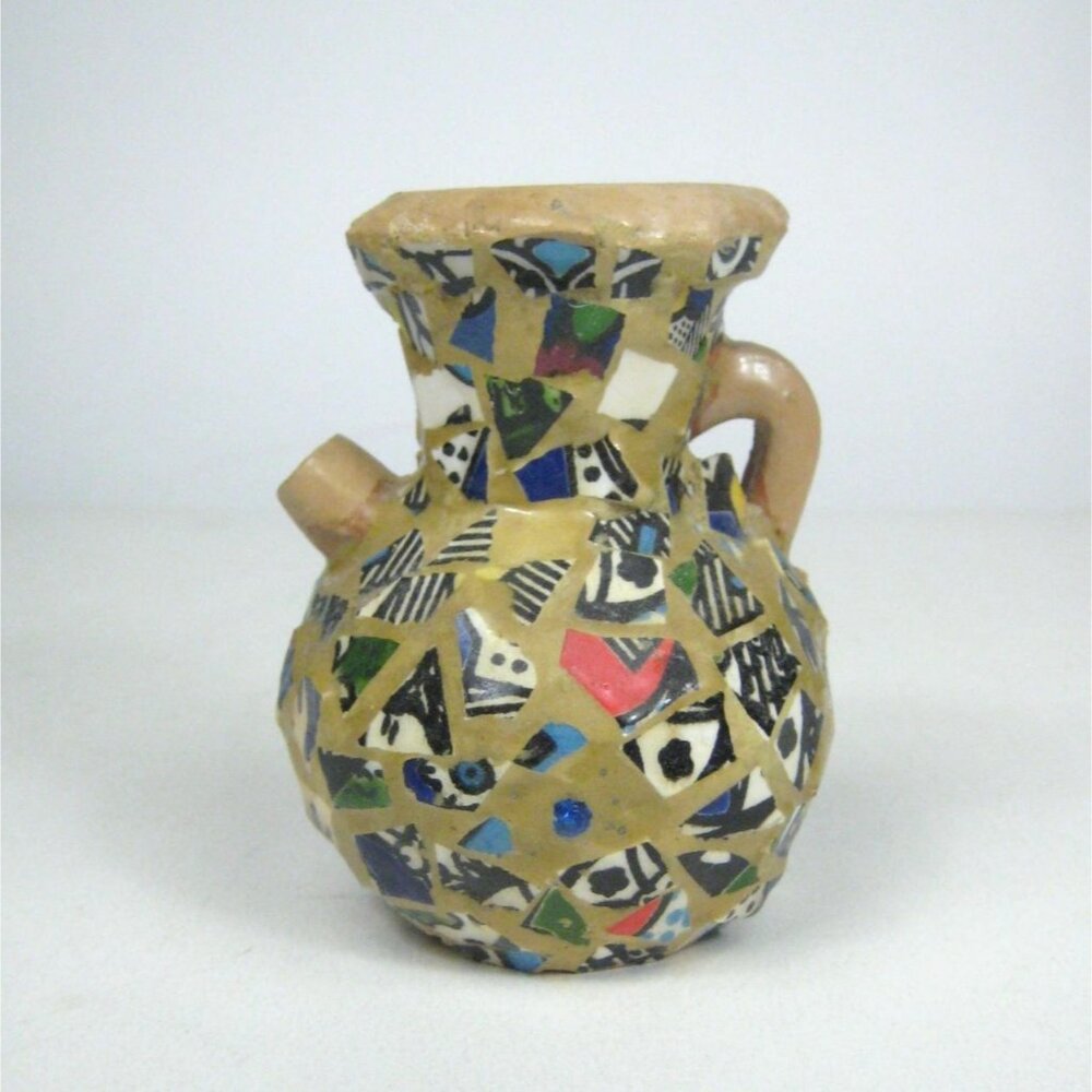 Vintage Mosaic Small Clay Vase Pitcher Handle Spout Signed Rustic Boho